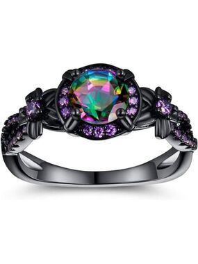 Women Eternity Ring 18K Black Gold Plated Mystic Topaz Halo Statement Jewelry